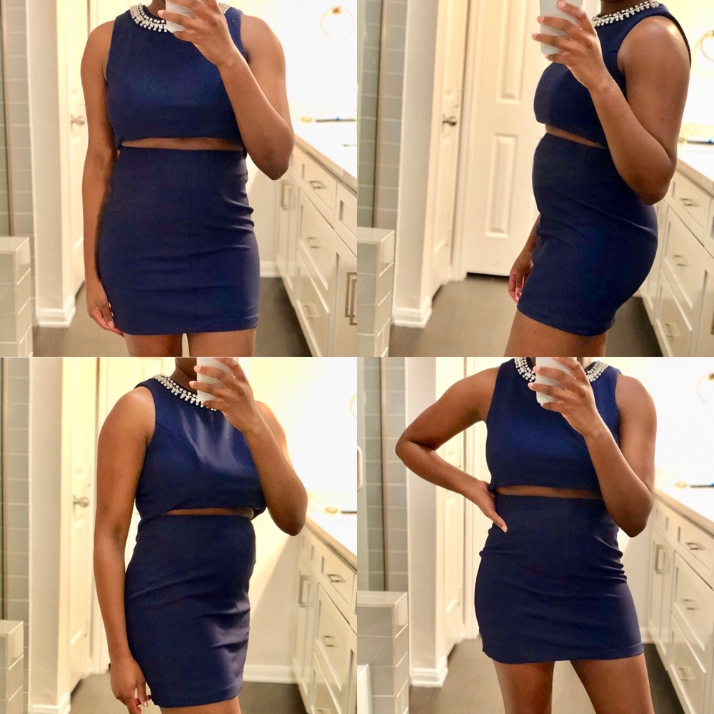Navy 2 Piece Mini Skirt Set w/Beaded Neckline